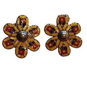 Vintage Italian Micromosaic Flower Earrings Clip-on in Yellow and Red